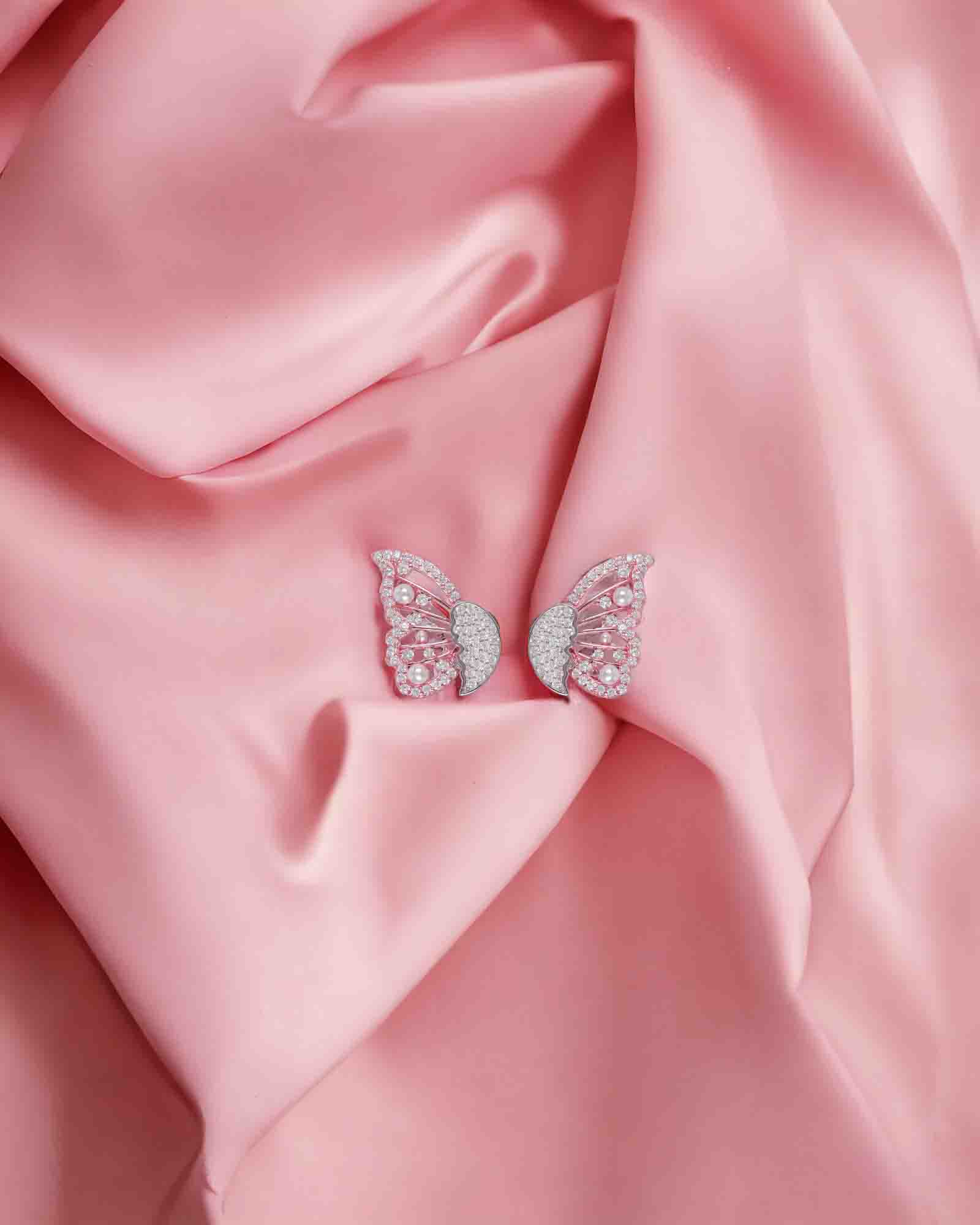 2 in 1 Butterflies sterling silver studs in rosegold & rhodium plating