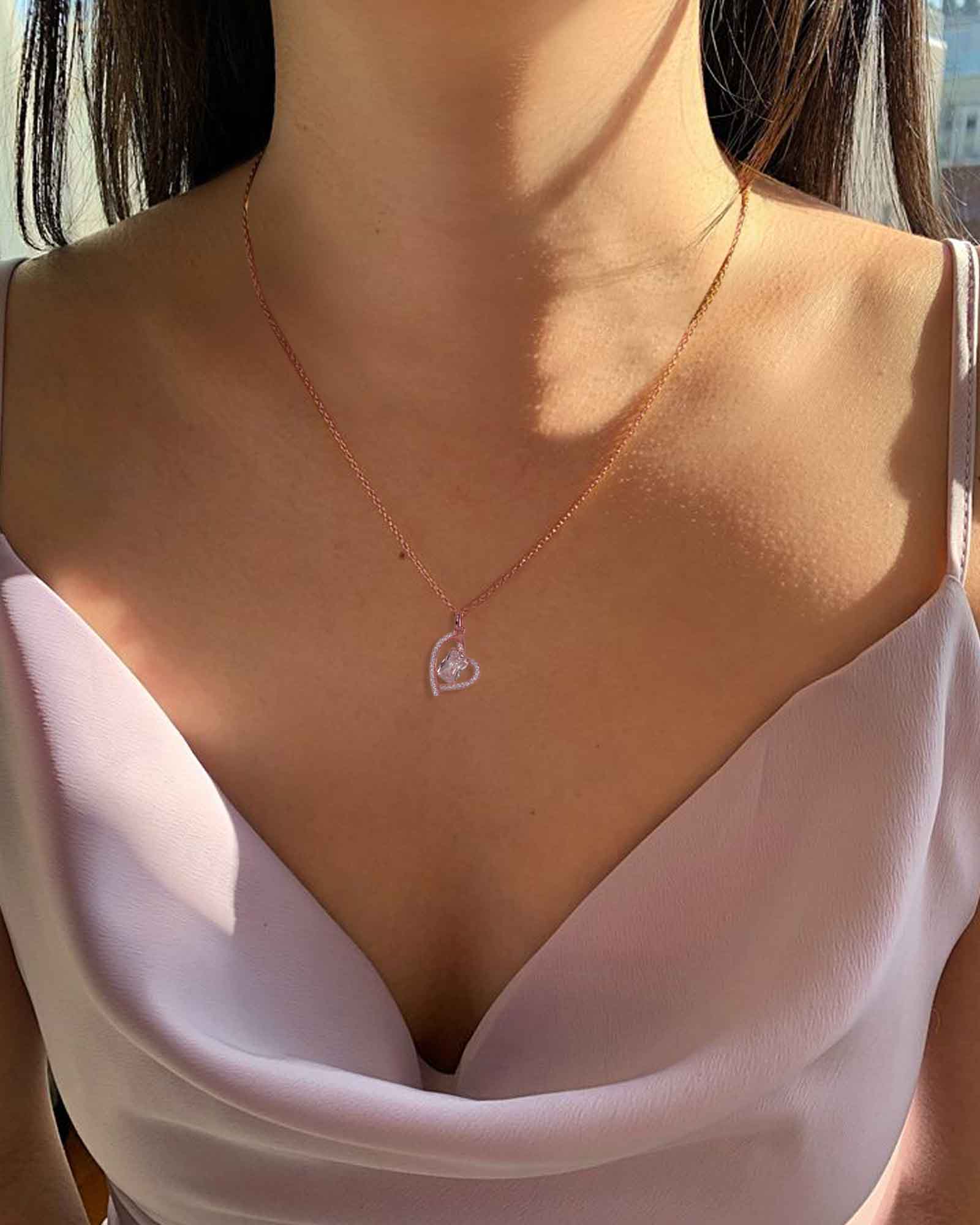 Big heart 925 silver pendant with link chain in rose gold