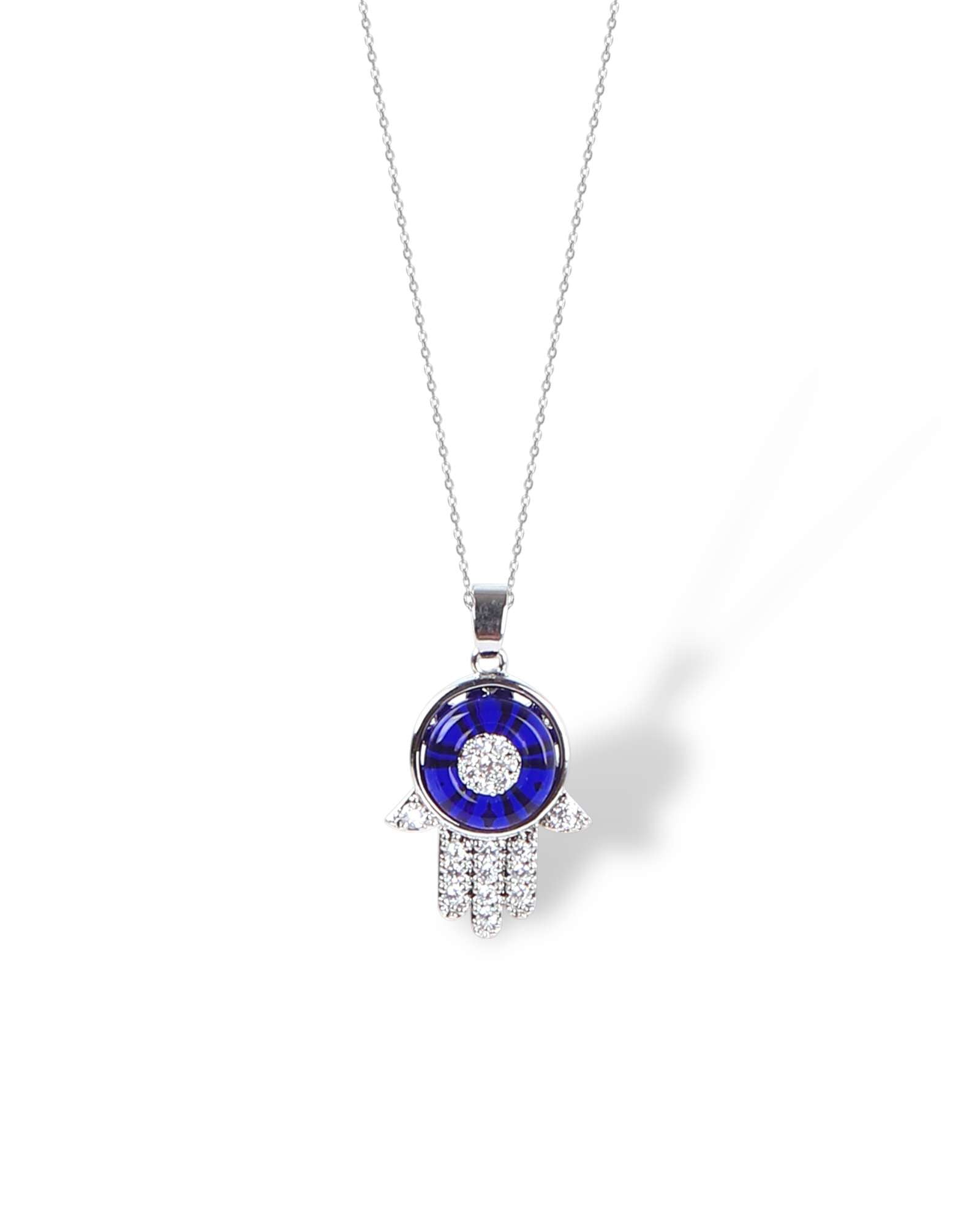 Blue Hamsa waterproof stainless steel pendant with link chain in silver colour