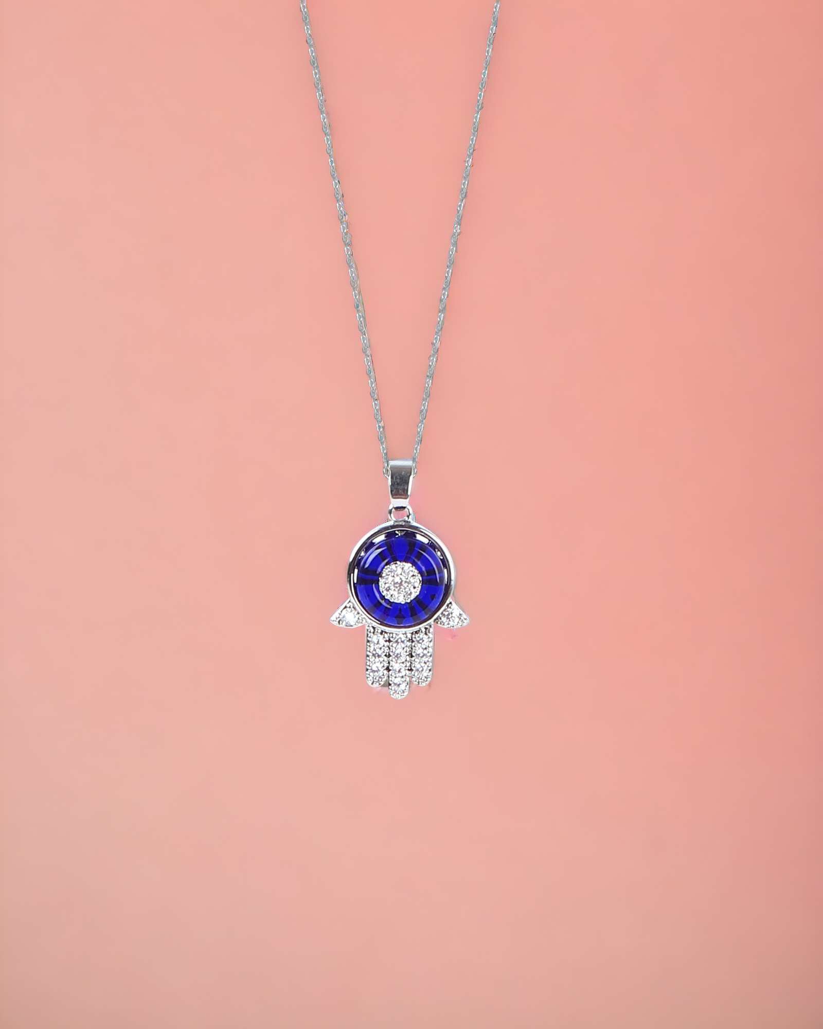 Blue Hamsa waterproof stainless steel pendant with link chain in silver colour