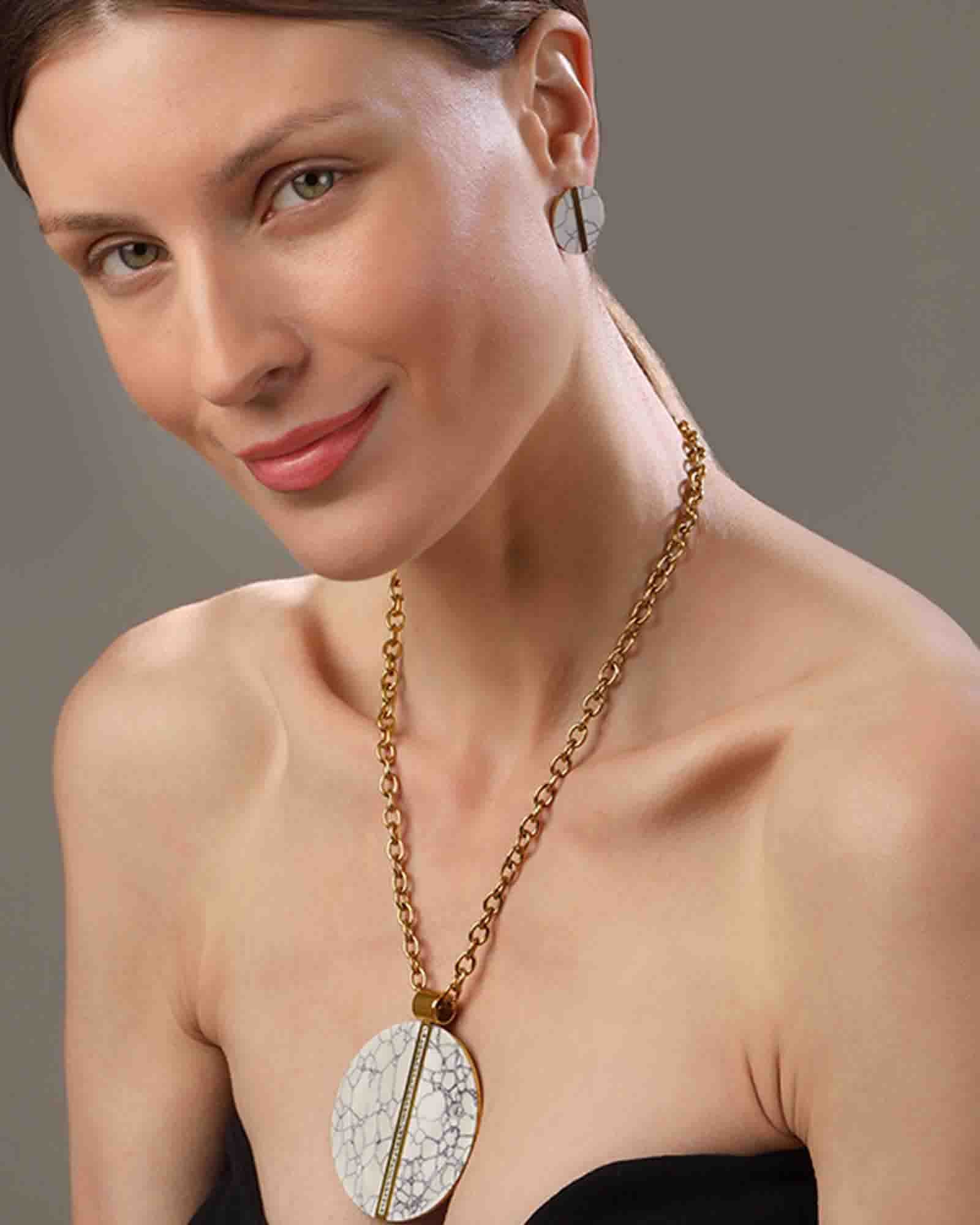 Brazilian marble pendant with white zircon gold plated chain & earrings set