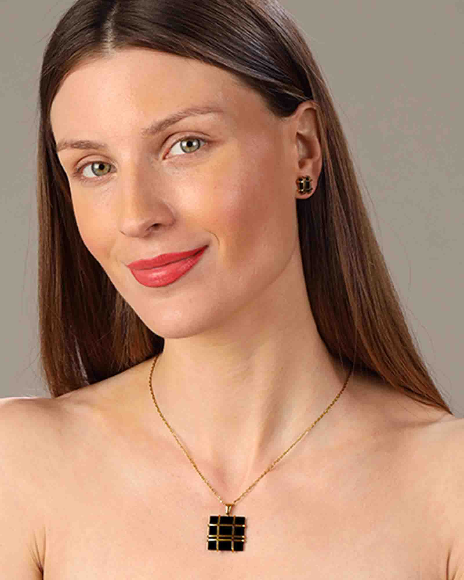 18K Gold Plated Black Onyx stone Earrings & Necklace Jewellery set