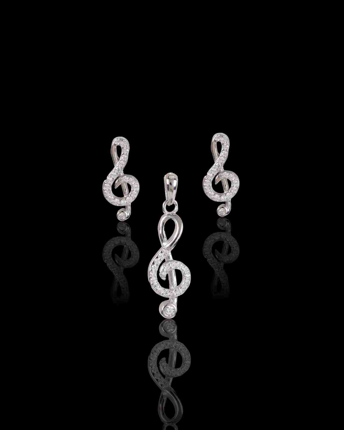 Music sterling silver pendant with earrings, with rhodium plating