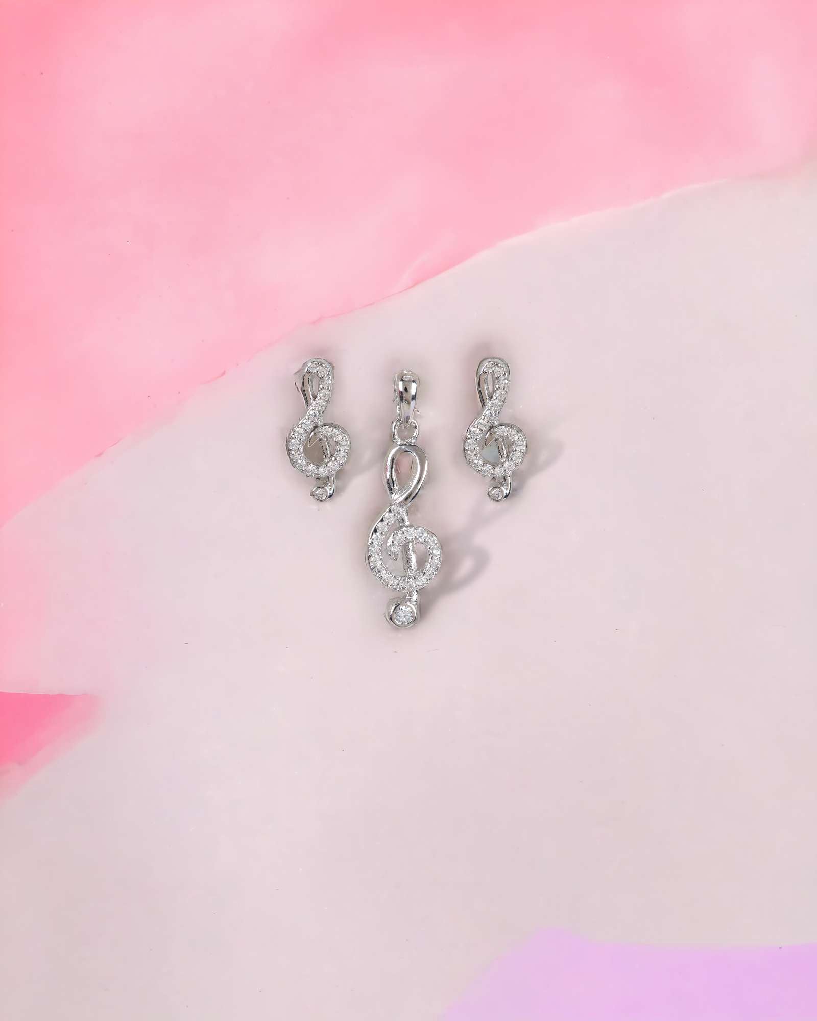 Music sterling silver pendant with earrings, with rhodium plating