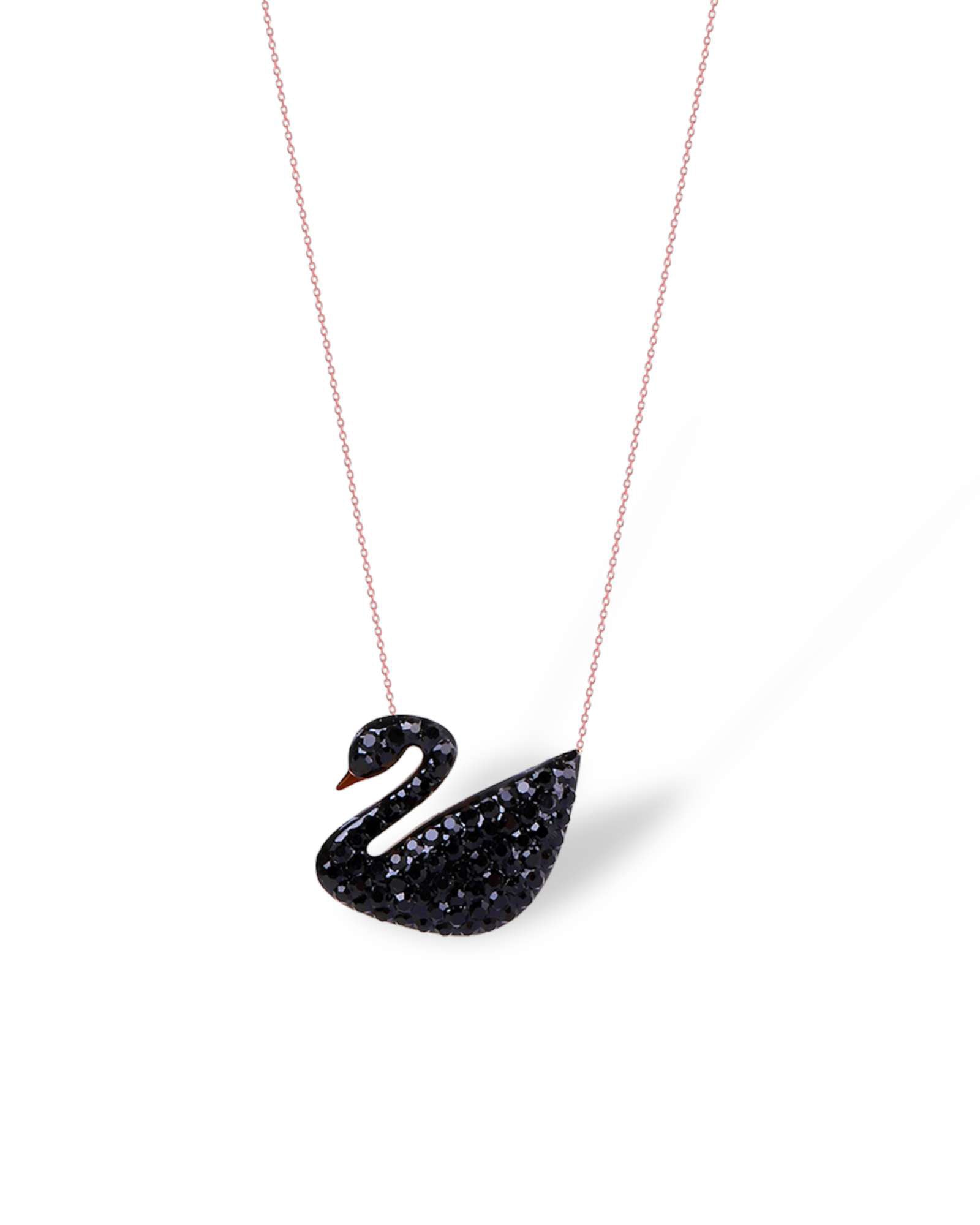 Classic black zircon studded swan waterproof 316 SS necklace in rose gold