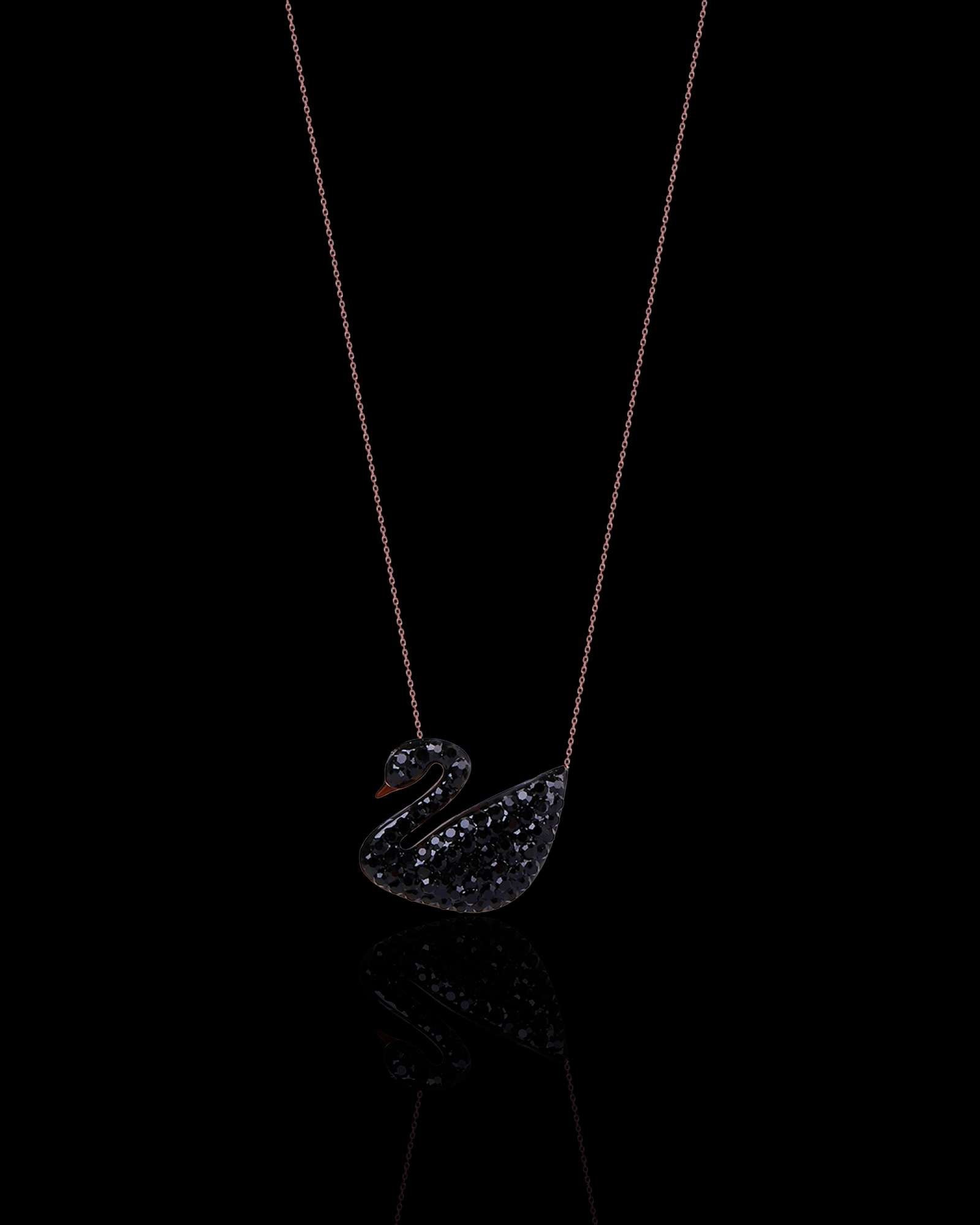 Classic black zircon studded swan waterproof 316 SS necklace in rose gold