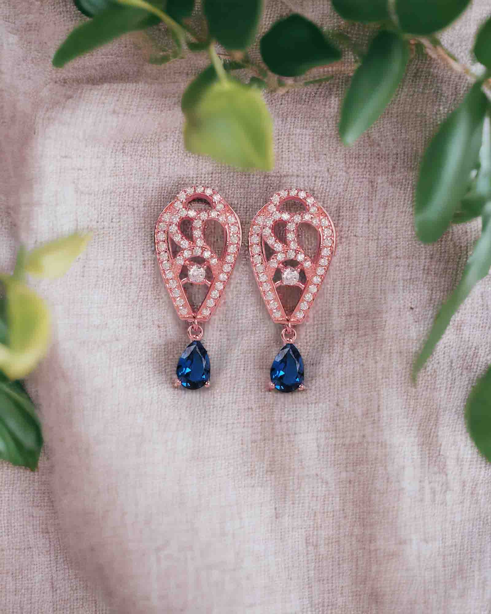 Blue stone leaf rose gold sterling silver earring set