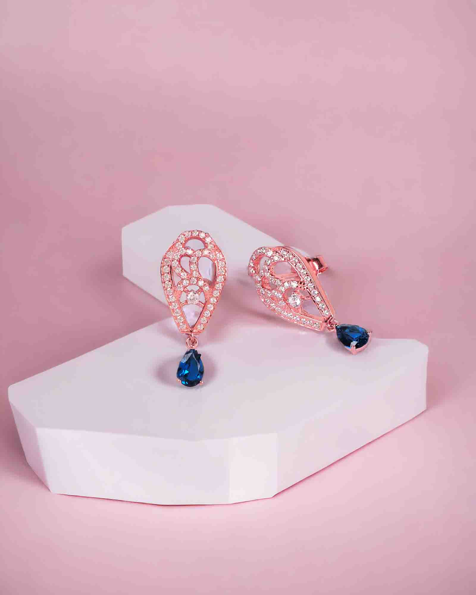 Blue stone leaf rose gold sterling silver earring set