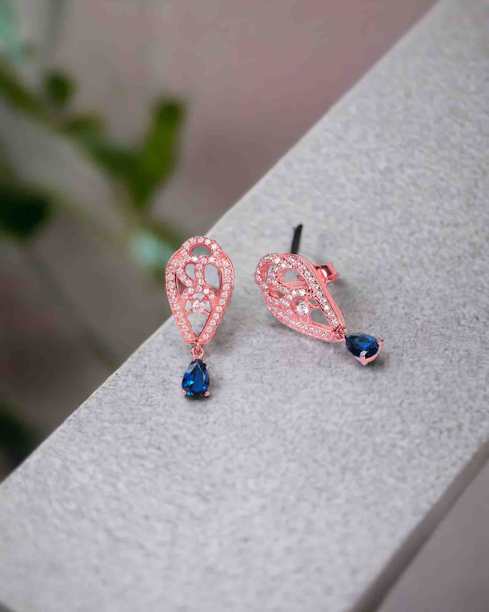 Blue stone leaf rose gold sterling silver earring set