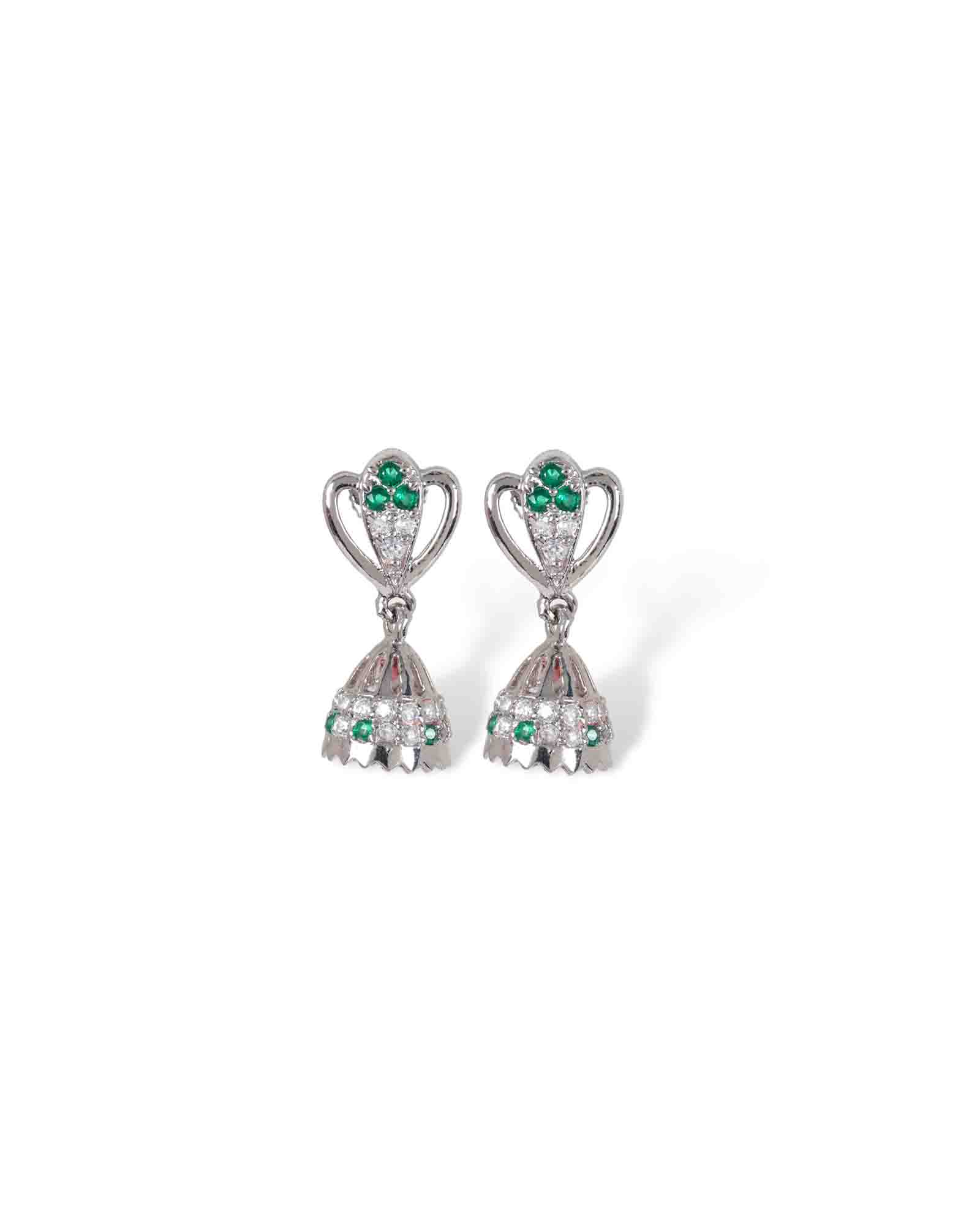 Dainty Green stone sterling silver jhumkas with rhodium plating