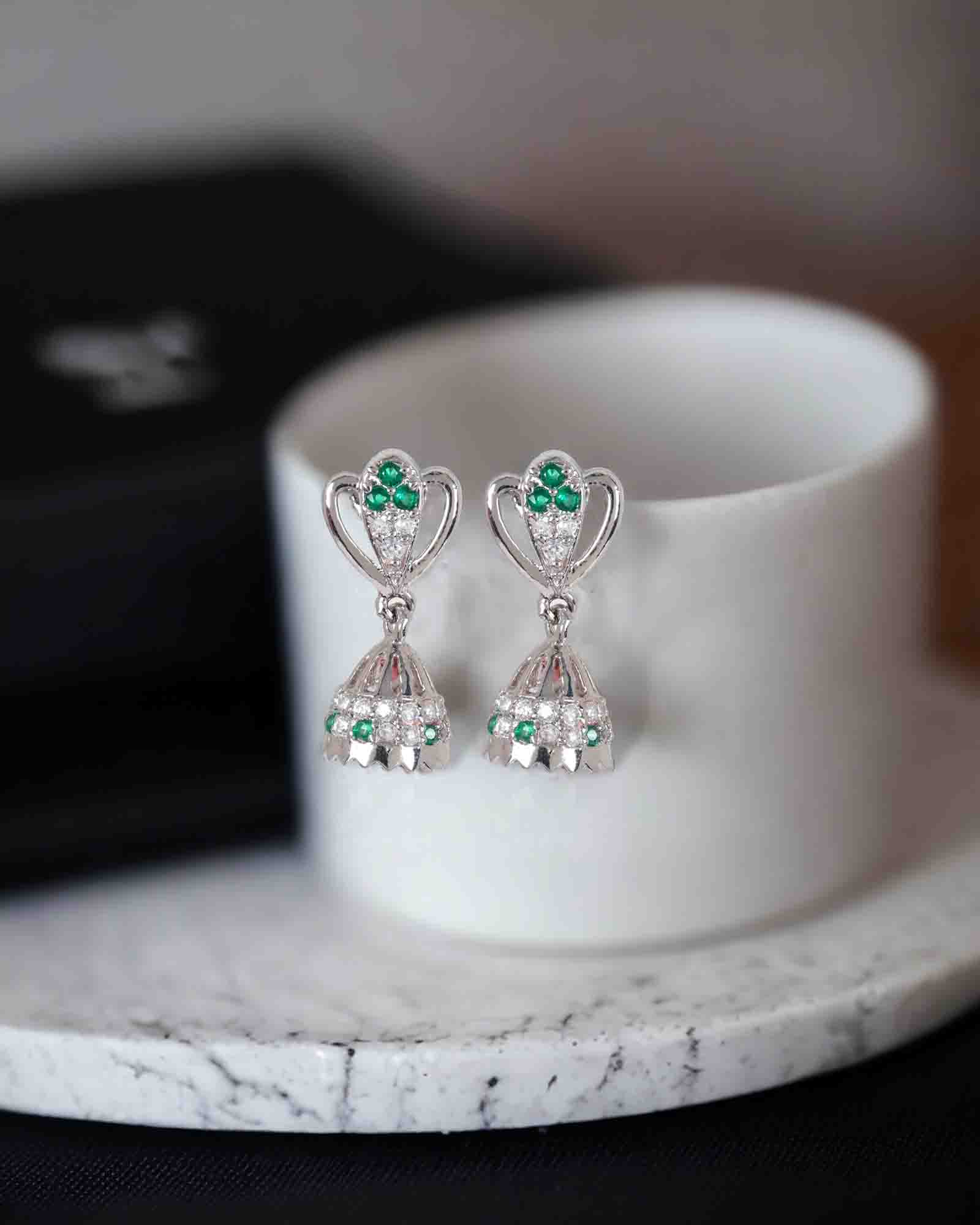 Dainty Green stone sterling silver jhumkas with rhodium plating