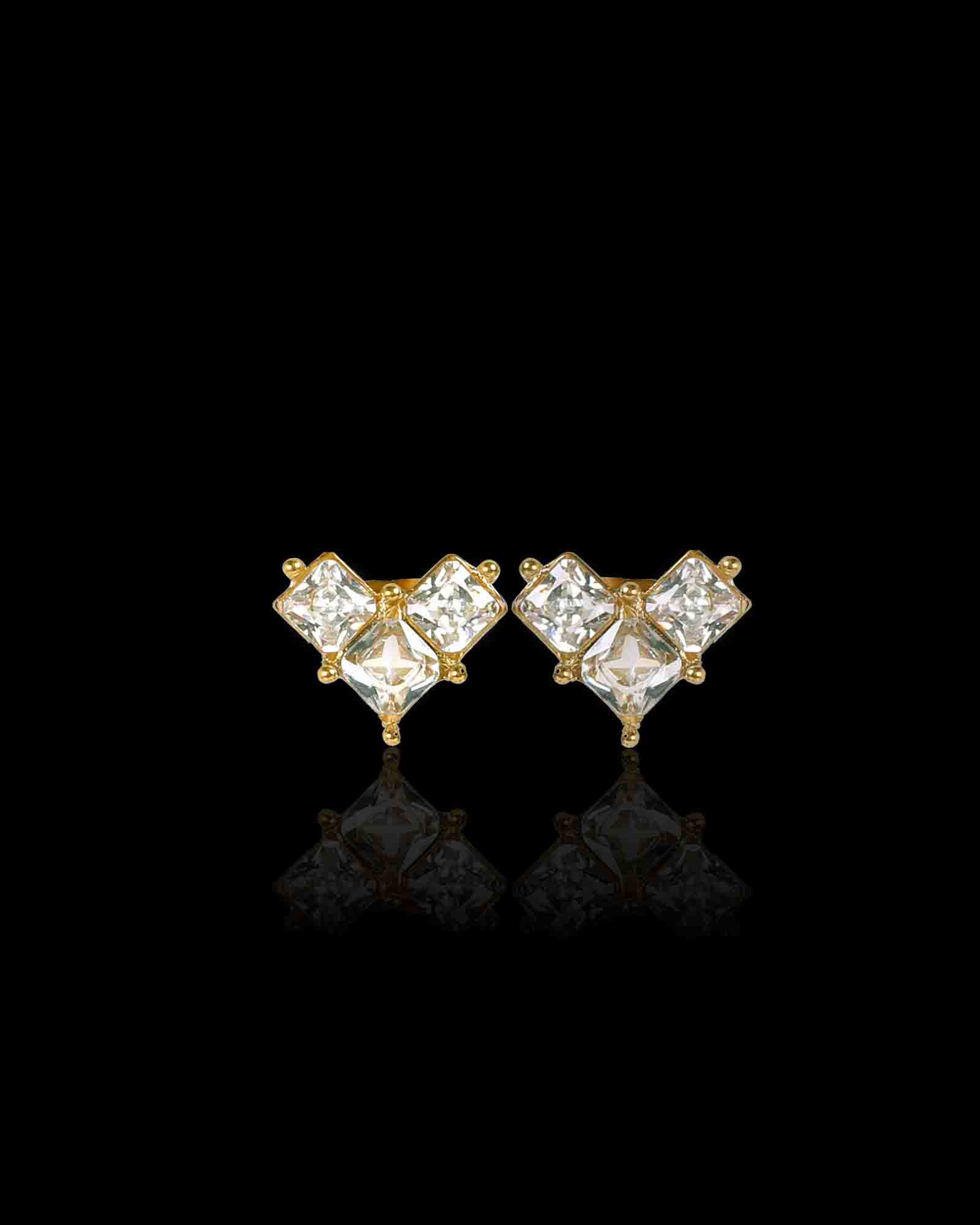 18K Gold plated V shape 3 stone zircon studs, made with waterproof stainless steel