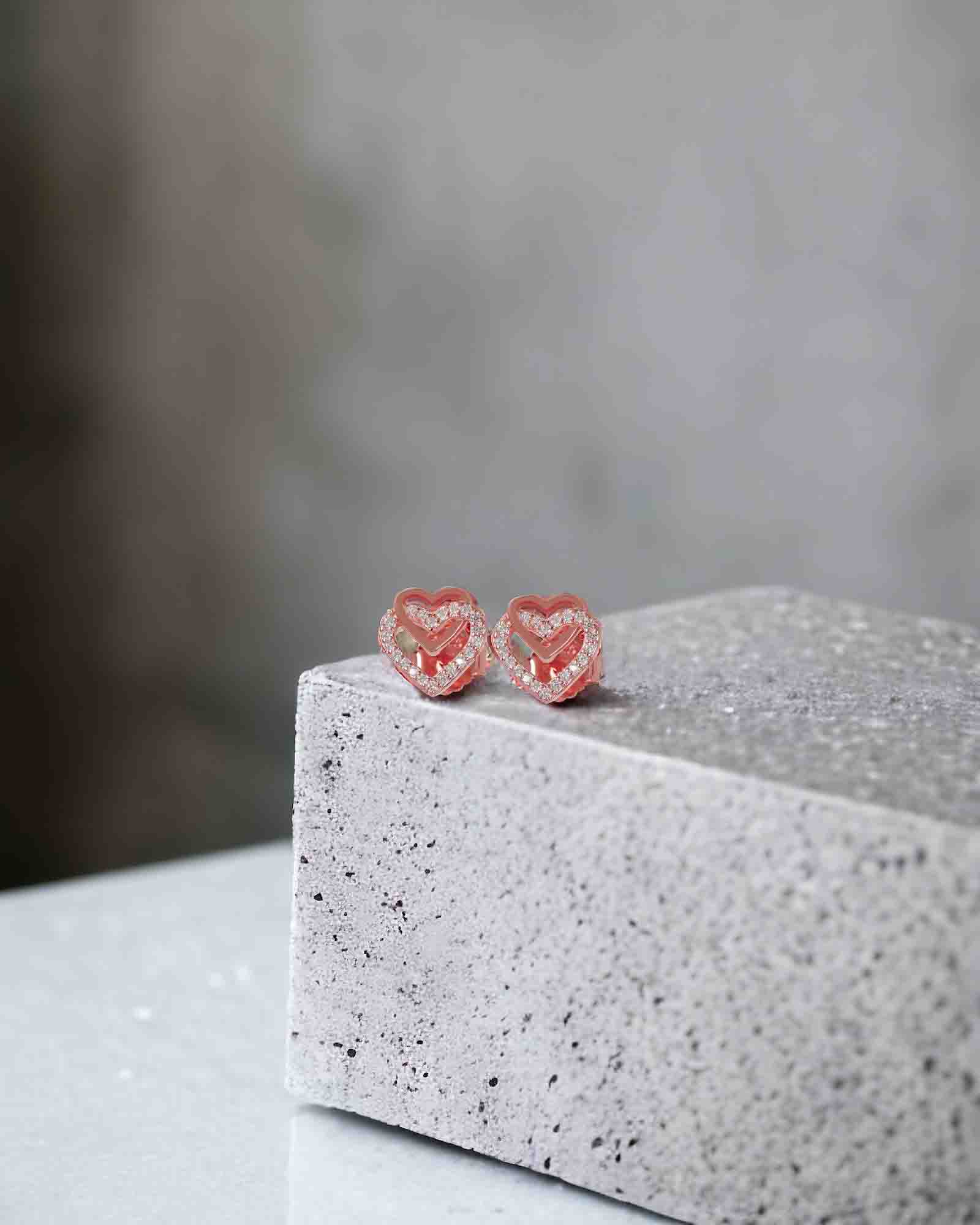 Heart in heart sterling silver studs in rhodium plating